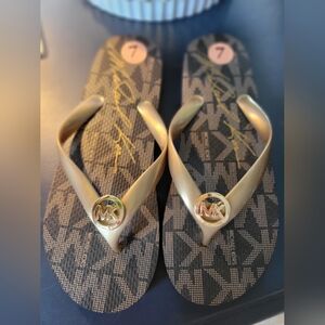 Michael Kors Gold and Brown Flip Flops
